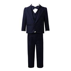 Runhomal 5Pcs Jungen Gentleman Anzug Smoking Hochzeit Outfits Blazer+Weste+Hemd+Fliege+Hosen Anzüge & Sakkos Set für Kinder Dunkelblau 92-98 von Runhomal