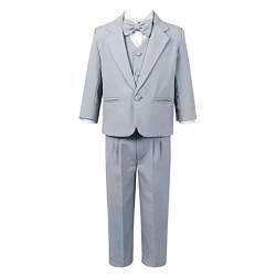 Runhomal 5Pcs Jungen Gentleman Anzug Smoking Hochzeit Outfits Blazer+Weste+Hemd+Fliege+Hosen Anzüge & Sakkos Set für Kinder Grau 110-116 von Runhomal