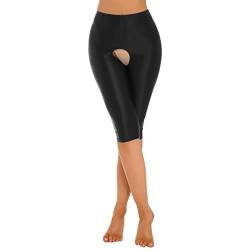 Runhomal Damen Ouvert-Panyhose Glänzende Leggings Strumpfhose Offen Schritt Stretch Feinstrumpfhose Lang Unterhose Skinny Slim Fit Short Pants Knielang Reizwäsche Schwarz M von Runhomal