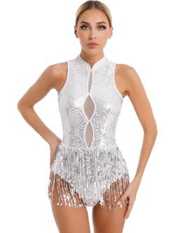 Runhomal Damen Pailletten Bodysuit Ballett Trikot Body mit Fransen Gymnastik Leotard Tanzbody Rückenfrei Spaghettiträger Top Gymnastikanzug Turnanzug B Weiß L von Runhomal