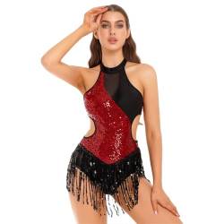 Runhomal Damen Pailletten Bodysuit Ballett Trikot Body mit Fransen Gymnastik Leotard Tanzbody Rückenfrei Spaghettiträger Top Gymnastikanzug Turnanzug D Burgundy S von Runhomal