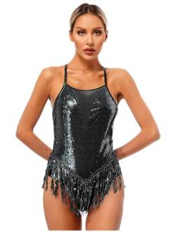 Runhomal Damen Pailletten Bodysuit Ballett Trikot Body mit Fransen Gymnastik Leotard Tanzbody Rückenfrei Spaghettiträger Top Gymnastikanzug Turnanzug Schwarz S von Runhomal