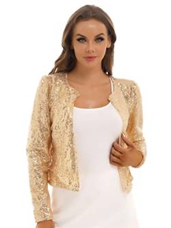 Runhomal Damen Pailletten Cardigan Jacke Langarmjacke Glitzer Strickjacke Bolero Abendjacke Bluse Eleganter Blazer Kurz Oberteile für Cocktail Clubwear Gold L von Runhomal