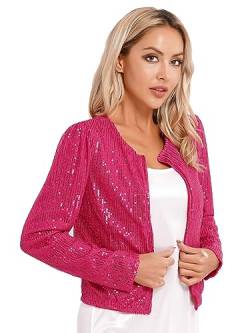 Runhomal Damen Pailletten Cardigan Jacke Langarmjacke Glitzer Strickjacke Bolero Abendjacke Bluse Eleganter Blazer Kurz Oberteile für Cocktail Clubwear Hot Pink M von Runhomal