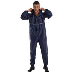 Runhomal Herren Regenanzug Wasserdichte Jumpsuit Langarm Regenoverall Regenkombi Reflektierende Regenmantel Overall mit Kapuze Reißverschluss Raincoat Dunkelblau XL von Runhomal