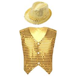 Runhomal Kinder Jungen Pailletten Weste mit Hut Anzugweste Jazz Latein Tanztop Glitzer Ärmellos Jacke Oberteil Tanktop Karneval Fasching für Weihnachten Geburtstag Gold 122-128 von Runhomal