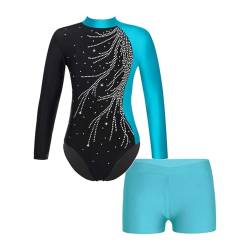 Runhomal Kinder Mädchen Metallic Gymnastikanzug Turnanzug Langarm Trikot Body mit Shorts Set Ballettbody Gymnastik Leotards Sportbody für Tanz Gym Workout I Blau 122-128 von Runhomal