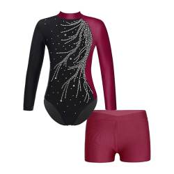 Runhomal Kinder Mädchen Metallic Gymnastikanzug Turnanzug Langarm Trikot Body mit Shorts Set Ballettbody Gymnastik Leotards Sportbody für Tanz Gym Workout I Burgundy 158-164 von Runhomal