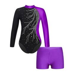 Runhomal Kinder Mädchen Metallic Gymnastikanzug Turnanzug Langarm Trikot Body mit Shorts Set Ballettbody Gymnastik Leotards Sportbody für Tanz Gym Workout I Violett 122-128 von Runhomal