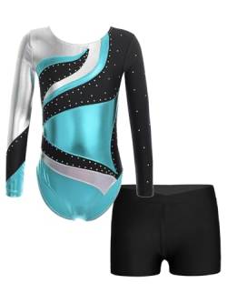 Runhomal Kinder Mädchen Metallic Gymnastikanzug Turnanzug Langarm Trikot Body mit Shorts Set Ballettbody Gymnastik Leotards Sportbody für Tanz Gym Workout J Hellblau 134-140 von Runhomal