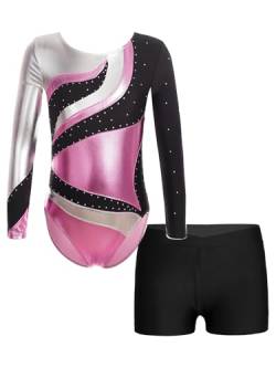 Runhomal Kinder Mädchen Metallic Gymnastikanzug Turnanzug Langarm Trikot Body mit Shorts Set Ballettbody Gymnastik Leotards Sportbody für Tanz Gym Workout J Rosa 122-128 von Runhomal