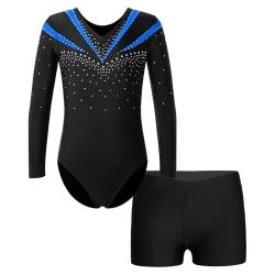 Runhomal Kinder Mädchen Metallic Gymnastikanzug Turnanzug Langarm Trikot Body mit Shorts Set Ballettbody Gymnastik Leotards Sportbody für Tanz Gym Workout L Blau 158-164 von Runhomal