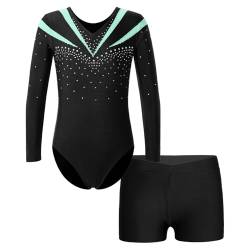 Runhomal Kinder Mädchen Metallic Gymnastikanzug Turnanzug Langarm Trikot Body mit Shorts Set Ballettbody Gymnastik Leotards Sportbody für Tanz Gym Workout L Grün 146-152 von Runhomal