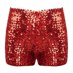 Runhomal Kinder Pailletten Glitzer Shorts Tanzshorts Glänzende Hotpants Kurze Hose Jogginghose Jungen Mädchen Sport Yoga Shorts Tanz Kostüm Clubwear Rot 116-140 von Runhomal