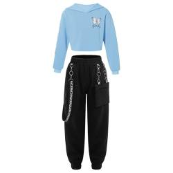 Runhomal Mädchen Hip Hop Kleidung Set 2-teiliges Crop Top Langarm Sweatshirt + Jazzpants Trainingsanzug Jogginganzug Coolgirls Dancewear B Hellblau 158-164 von Runhomal