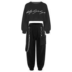 Runhomal Mädchen Hip Hop Kleidung Set 2-teiliges Crop Top Langarm Sweatshirt + Jazzpants Trainingsanzug Jogginganzug Coolgirls Dancewear Schwarz 158-164 von Runhomal