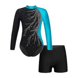 Runhomal Turnanzug Kinder Gymnastikanzug Mädchen Glänzende Ballettbody Gymnastikbody Lagnarm Trikot Leotard Top mit Strass Shorts Ballettanzug Tanzbekleidung Dancewear F Hellblau 146-152 von Runhomal