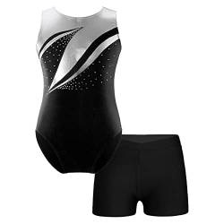 Runhomal Turnanzug Mädchen Metallic Gymnastikanzug Ballettanzug Balletttrikot Turntrikot mit Shorts Skating Tanzkleidung Dancewear Schwarz 110-116 von Runhomal