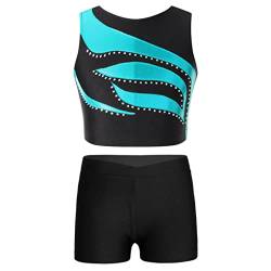 Runhomal Turnanzug Mädchen Zweiteiler Tanzkleidung Gymnastikanzug Glänzende Crop Top Kurz Oberteil Shorts Tanzshorts für Tanz Gymnastik Fitness Blau 158-164 von Runhomal