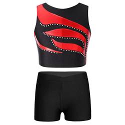 Runhomal Turnanzug Mädchen Zweiteiler Tanzkleidung Gymnastikanzug Glänzende Crop Top Kurz Oberteil Shorts Tanzshorts für Tanz Gymnastik Fitness Rot 134-140 von Runhomal