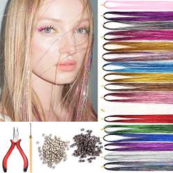 Haar Lametta Kit, 12 Farben Haarverlängerungen, 100 beige und 100 braune Silikonringe, funkelndes Kunsthaar mit Werkzeugen, Haarschmuck für Mädchen von Runmeihe
