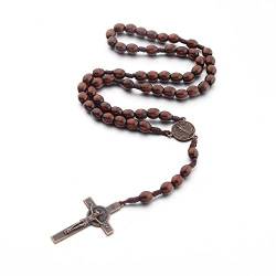 Katholisches Kreuz Rosenkranz Unisex Halskette, Naturholz Gebetskette mit Medaille Kreuz Jesus Christus Heiliger Benedikt, für katholische Christen Religiöse Kommunion, Taufe, Messe, Bibel von Runmeihe