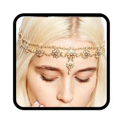 Runmi Braut Kopfkette Perlen Haarschmuck Gold Stirnband Blume Haarteil Stirnband Festival Haarschmuck für Frauen und Mädchen von Runmi