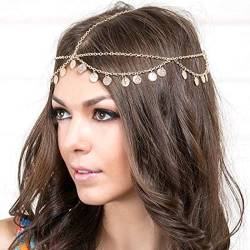 Runmi Kopfkette mit Zechinen, Quasten, Braut-Kopfschmuck, Stirnband, Festival-Haarschmuck für Damen und Mädchen (Golden) von Runmi