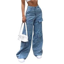 Runstarshow Baggy Jeans für Damen Cargo Hose Y2K Hohe Taille Denim Hose Frauen Weite Beine Jeans mit Taschen Vintage Casual Fashion Streetwear Größe 34-48 für Damen Tees Mädchen, blau, 42-44 von Runstarshow