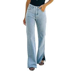 Runstarshow Breites Bein Denim Jeanshose Damen Hohe Taille Jeans Retro Gerades Bein Hose Schlitz Seitlich von Runstarshow