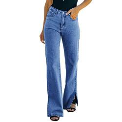 Runstarshow Breites Bein Denim Jeanshose Damen Hohe Taille Jeans Retro Gerades Bein Hose Schlitz Seitlich von Runstarshow