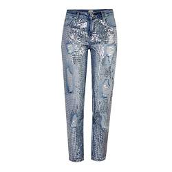 Runstarshow Damen Glitzer Pailletten Hose Straight Jeanshose mit mittlerem Bund Zerrissene Destroyed Denim Pants mit Löchern EU36-48 von Runstarshow