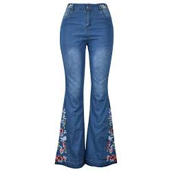 Runstarshow Damen Jeans Blumenstickerei Jeanshose Stretch Skinny Schlagjeans Schlaghose Lang Flare Pants Denim EU34-50 von Runstarshow