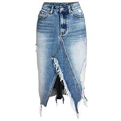 Runstarshow Damen Jeansrock Unregelmäßige Fransen Loch Denim Rock Distressed Hip Beiläufiges Midi-Rock Blau Sommerrock Casual (38, Blau2) von Runstarshow