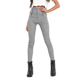 Runstarshow Karohose Damen Kariert Hose High Waist Slim Fit Freizeithose Plaid Chino Hose Skinny Joggingshose mit Reißvershluss von Runstarshow