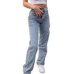 Runstarshow Y2K Baggy-Jeans für Damen, hohe Taille, Rücken, Schmetterling, bedruckt, gerades Bein, lockeres Bein, Denim-Hose mit Taschen, hellblau, 32-34 von Runstarshow