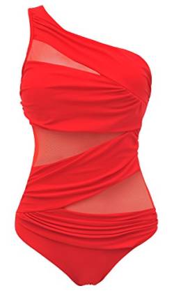 Runtlly Einteiliger Damen-Badeanzug, eine Schulter, Übergröße, Badeanzug, mit durchsichtigem Netz-Stil, rot, X-Large von Runtlly