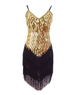 Damen Tanzkleid Pailletten Latein Kleid Wettbewerb Dancewear Quaste Rumbakleid Gold Eine Größe von Runyue