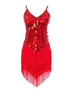 Damen Tanzkleid Pailletten Latein Kleid Wettbewerb Dancewear Quaste Rumbakleid Rot Eine Größe von Runyue