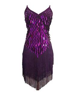 Damen Tanzkleid Pailletten Latein Kleid Wettbewerb Dancewear Quaste Rumbakleid Violett Eine Größe von Runyue