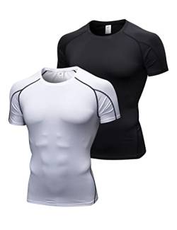 2er Pack Herren Kurzarm Kompressionsshirt Laufshirt Funktionsshirt Atmungsaktiv T-Shirt für Running Jogging Fitness Gym Schwarz+Weiß M von Ruowuhen