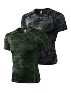 2er Pack Herren Kurzarm Kompressionsshirt Laufshirt Funktionsshirt Atmungsaktiv T-Shirt für Running Jogging Fitness Gym Tarnfarbe Grün+Tarnfarbe Schwarz L von Ruowuhen