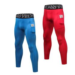 Ruowuhen 2er Pack Herren Kompressionshose mit Taschen, Männer Sport Leggings Laufhosen Schnelltrocknend Fitness Funktionsunterhose Tights Rot+Blau XL von Ruowuhen