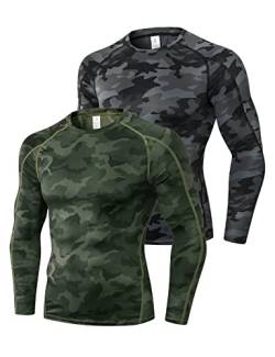 Ruowuhen 2er Pack Herren Kompressionsshirt Langarm Laufshirt Funktionsshirt Sportshirt Schnelltrocknend Atmungsaktiv Trainingsshirt Fitnessshirt Tarnfarbe Schwarz+Tarnfarbe Grün L von Ruowuhen