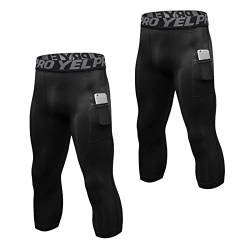 Ruowuhen 2er Pack Kompressionshose Herren 3/4 Laufhose Sport Leggings Atmungsaktiv Funktionshose Tights Männer Compression Hose mit Taschen Schwarz+Schwarz L von Ruowuhen