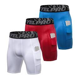 Ruowuhen 3er Pack Herren Kompressionsshorts Schnelltrocknendes Kurz Unterhose Sport Laufhose Männer Tights mit Tasche Blau+Rot+Weiß M von Ruowuhen