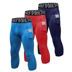 Ruowuhen 3er Pack Kompressionshose Herren 3/4 Laufhose mit Taschen,Männer Sport Leggings Funktionshose Tights Marine+Blau+Rot XL von Ruowuhen