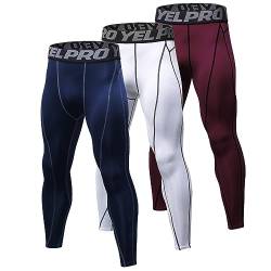 Ruowuhen 3er Pack Kompressionshose Herren Sport Leggings Laufhosen Schnelltrocknend Fitness Funktionsunterhose Tights für Männer Marine+Weiß+Weinrot L von Ruowuhen