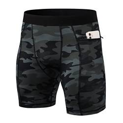 Ruowuhen Herren Funktionsshorts Kompressionsshorts mit Taschen, Herren Baselayer Unterhose Tights Kurz Laufhose Schnelltrocknendes Laufunterwäsche Tarnfarbe Schwarz M von Ruowuhen