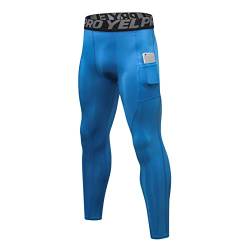 Ruowuhen Herren Kompressionshose mit Taschen, Männer Sport Leggings Laufhosen Schnelltrocknend Fitness Funktionsunterhose Tights Blau L von Ruowuhen